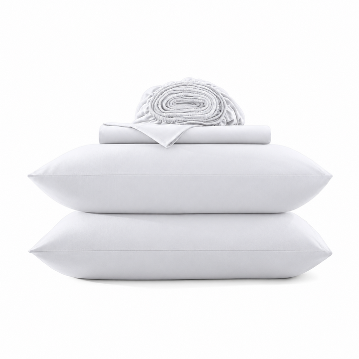 Cotton jersey sheet set, white, folded stack with rolled top and two flat pieces
