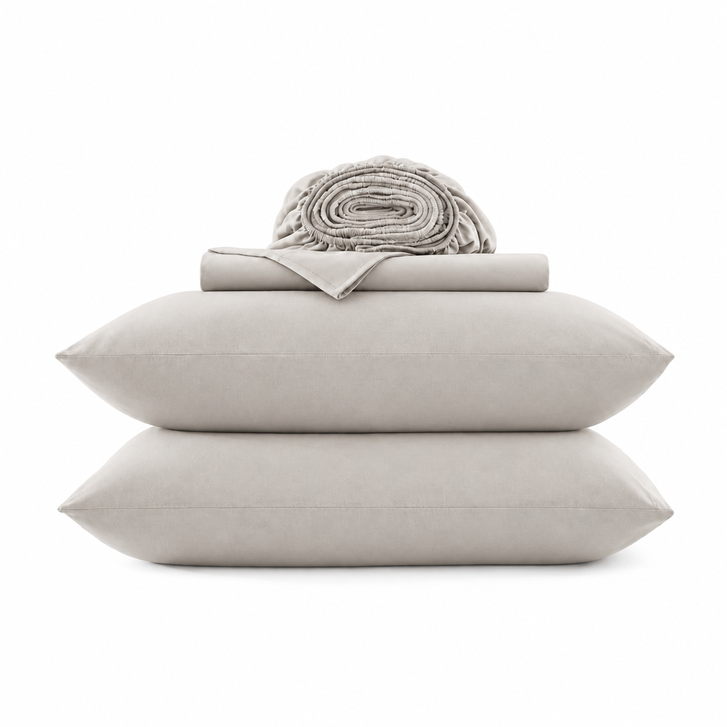 Cotton jersey sheet set, oyster beige, folded stack with rolled top hem