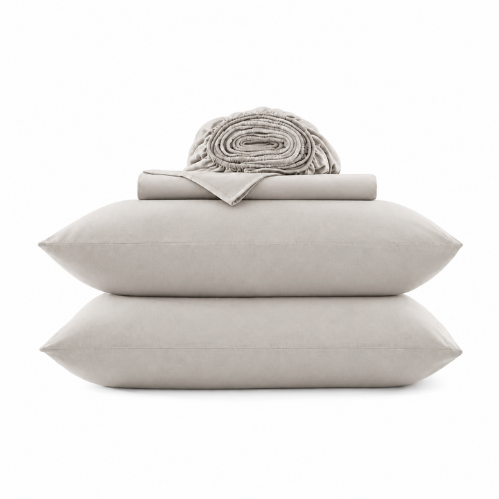 Cotton jersey sheet set, oyster beige, folded stack with rolled top hem