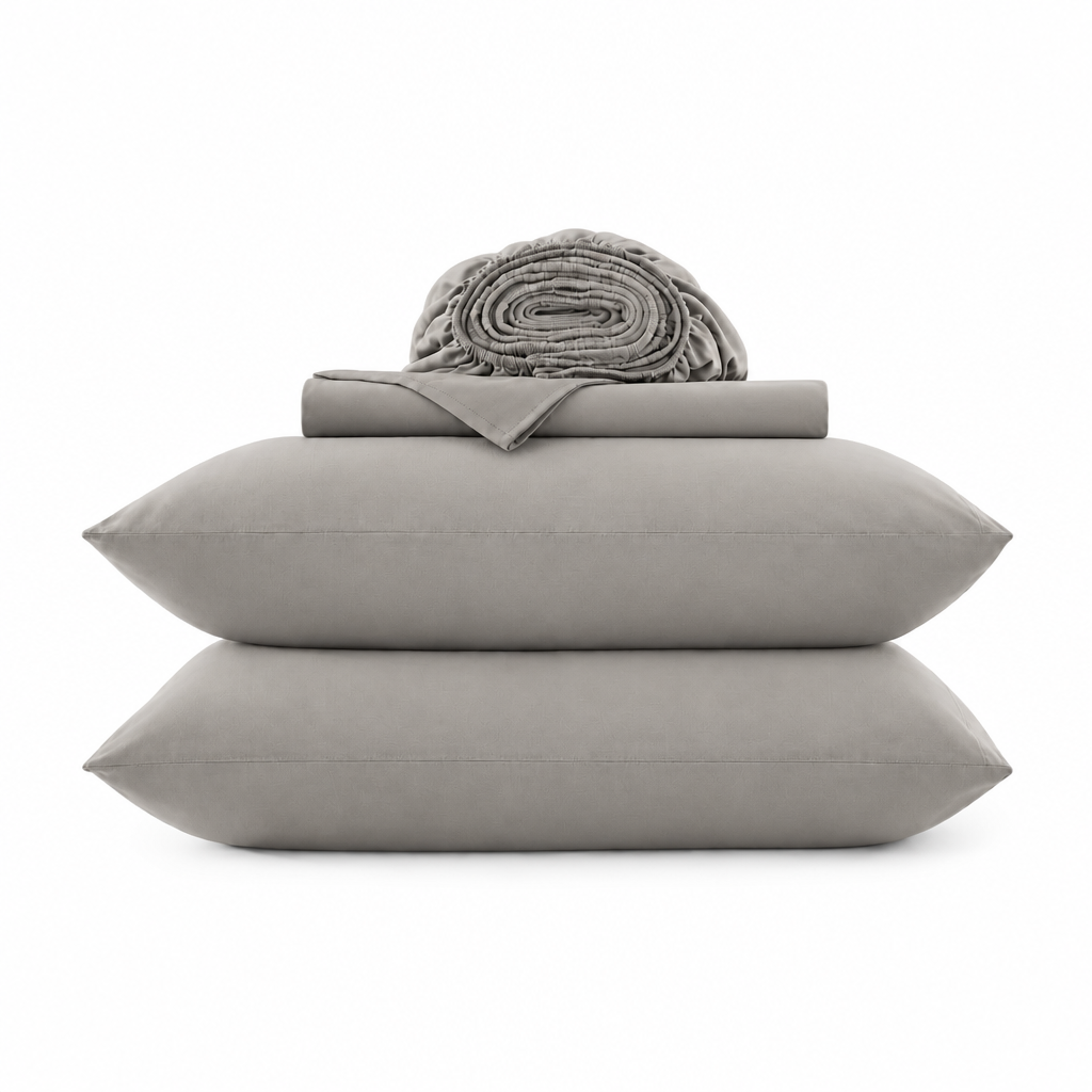 Cotton jersey sheet set, dove gray, folded stack with rolled top and two layers