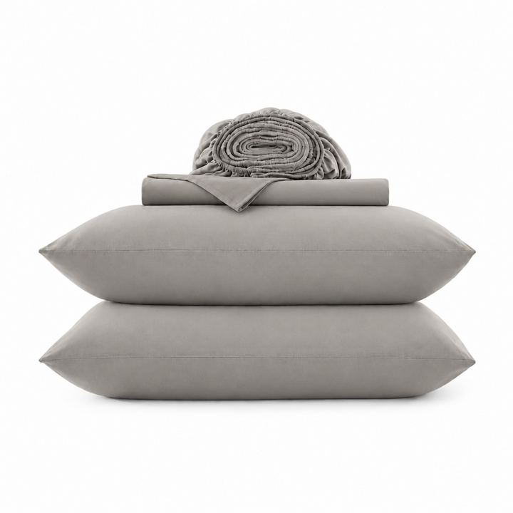 Cotton jersey sheet set, dove gray, folded stack with rolled top and two layers