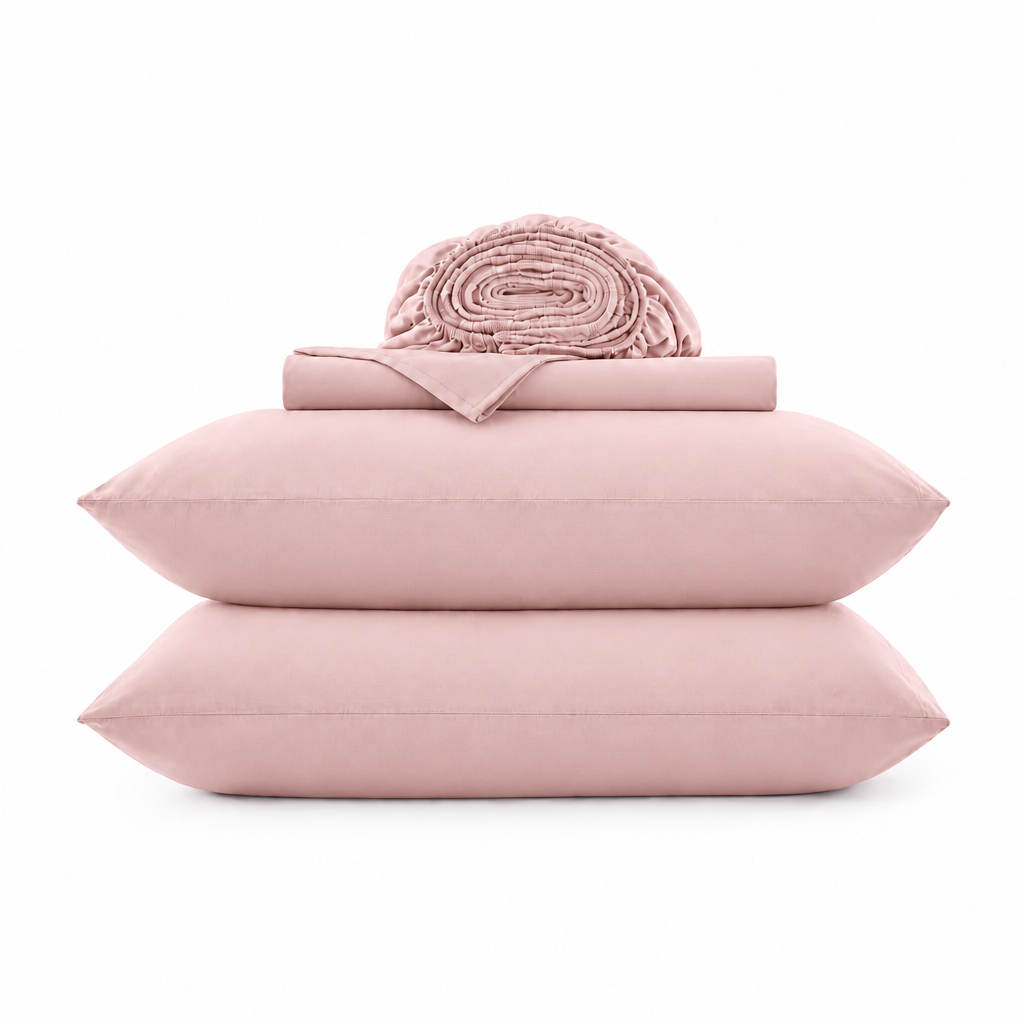 Cotton jersey sheet set, blush pink, folded stack with rolled top hem
