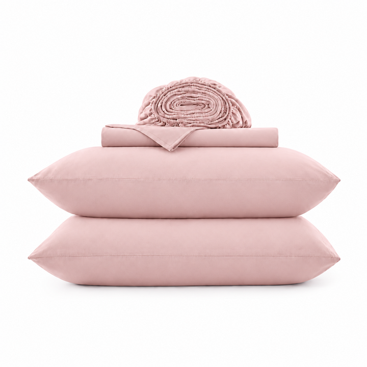 Cotton jersey sheet set, blush pink, folded stack with rolled top hem