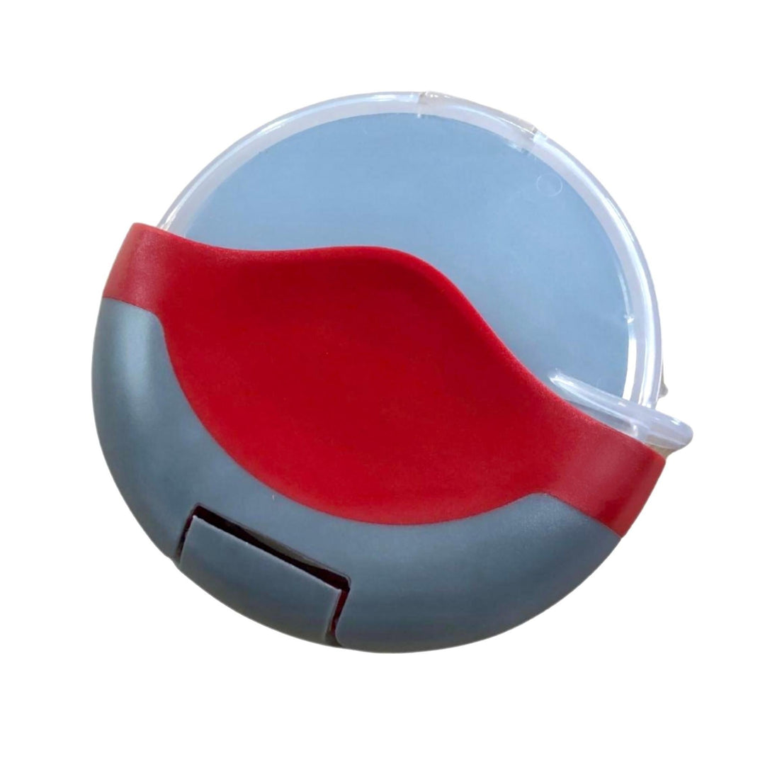 Red and gray pizza cutter with clear removable safety shield