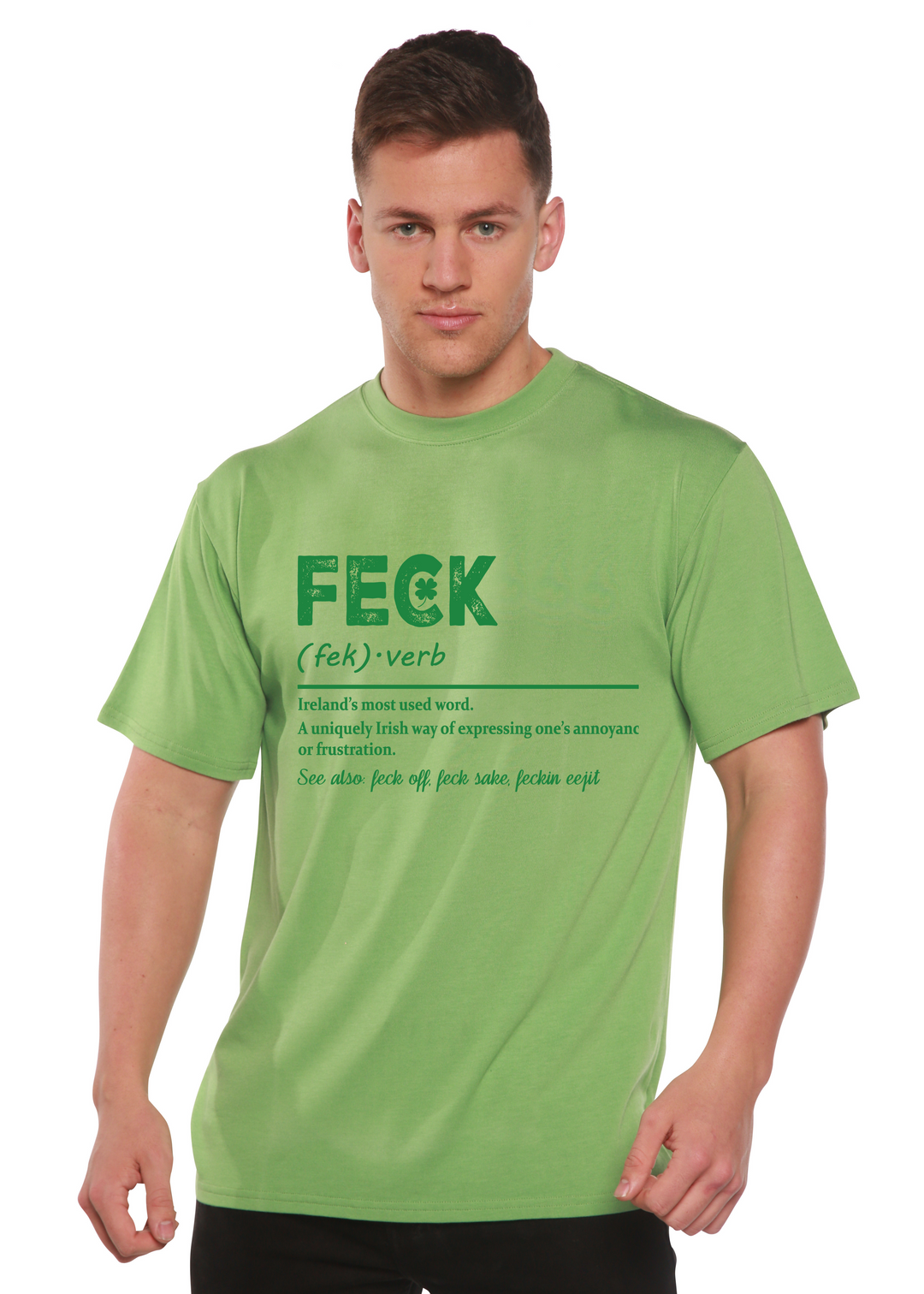 Green graphic T-shirt featuring a green "FECK" logo and definition lines under it
