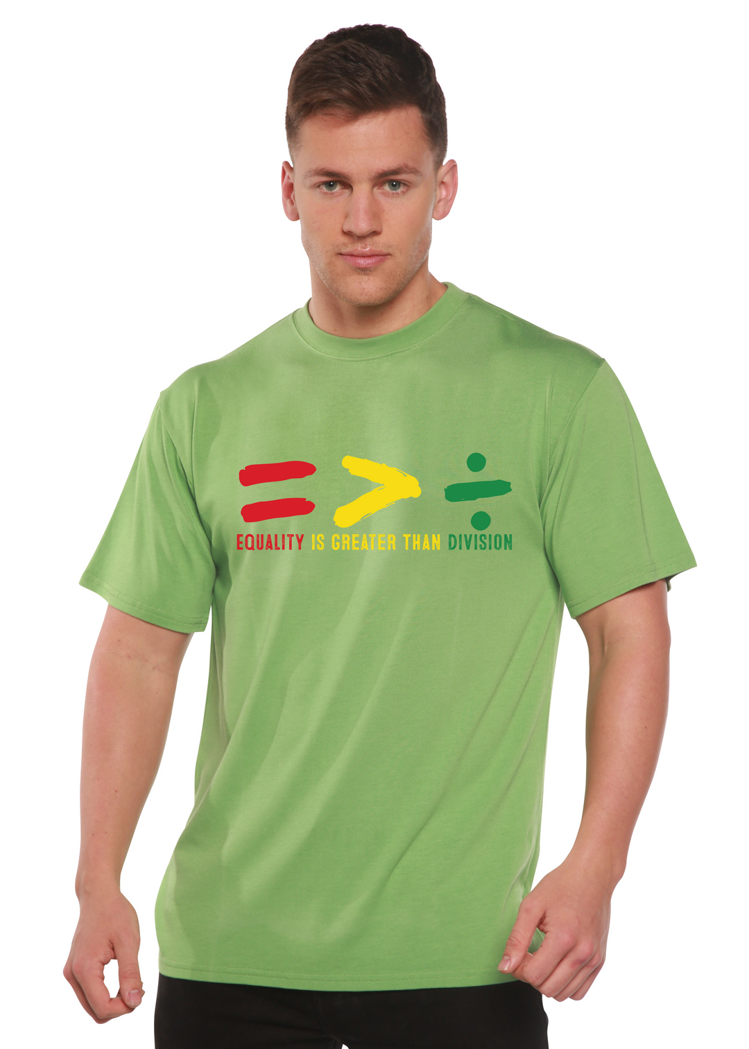 Light green unisex graphic t-shirt with colorful equality symbol and division slogan