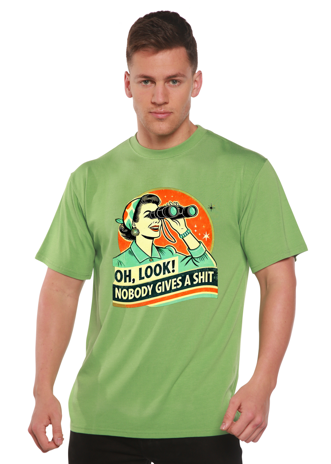 Green unisex graphic T-shirt with retro woman holding binoculars.