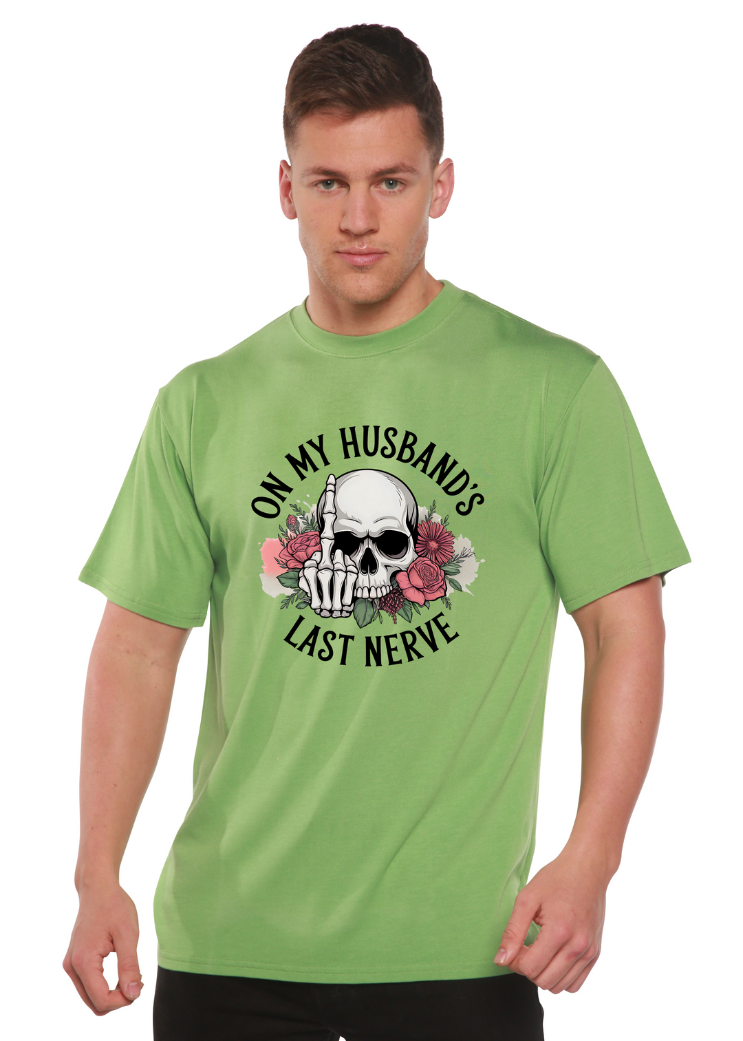 Light green unisex graphic t-shirt with skull, roses, and &