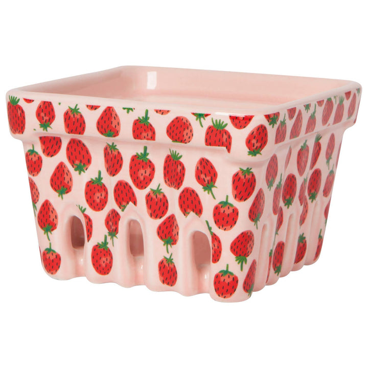 Strawberry-pattern ceramic basket with scalloped rim and cutout handles, pink