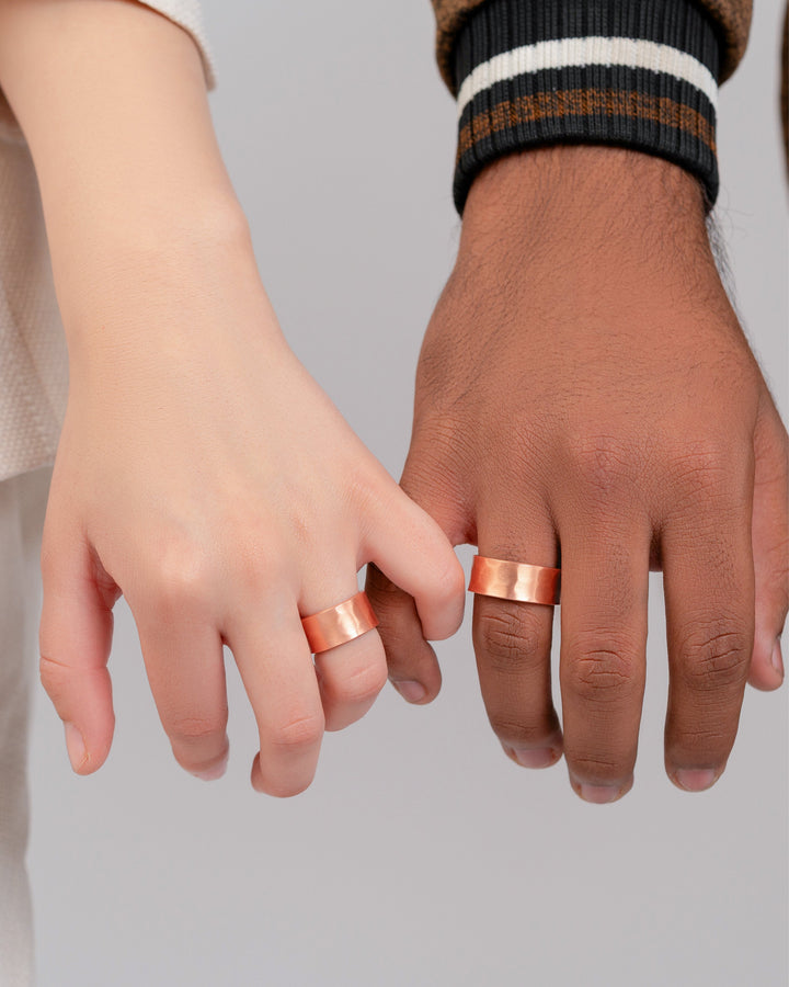 Hammered copper band ring, wide 10mm, worn on hand