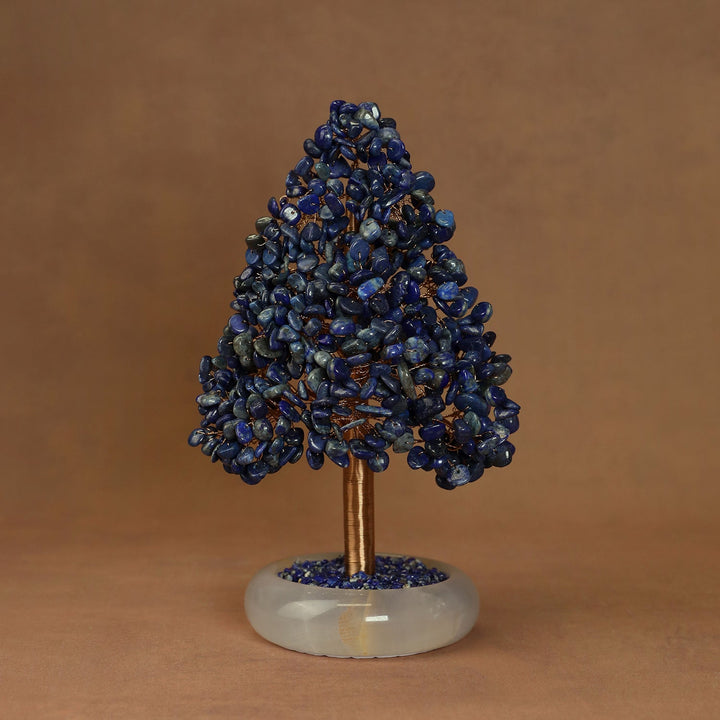 Dark blue crystal tree ornament with small crystal clusters on a white round base