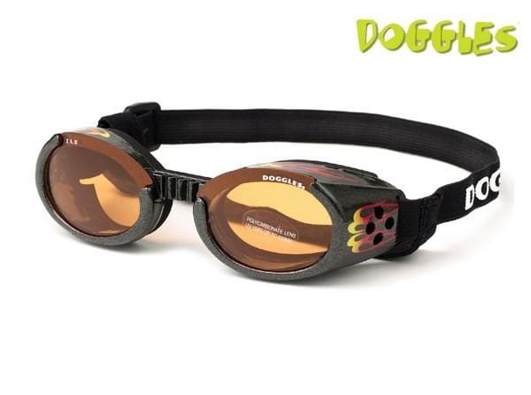Protective dog goggles with flame graphic frames, amber tinted lenses, adjustable strap
