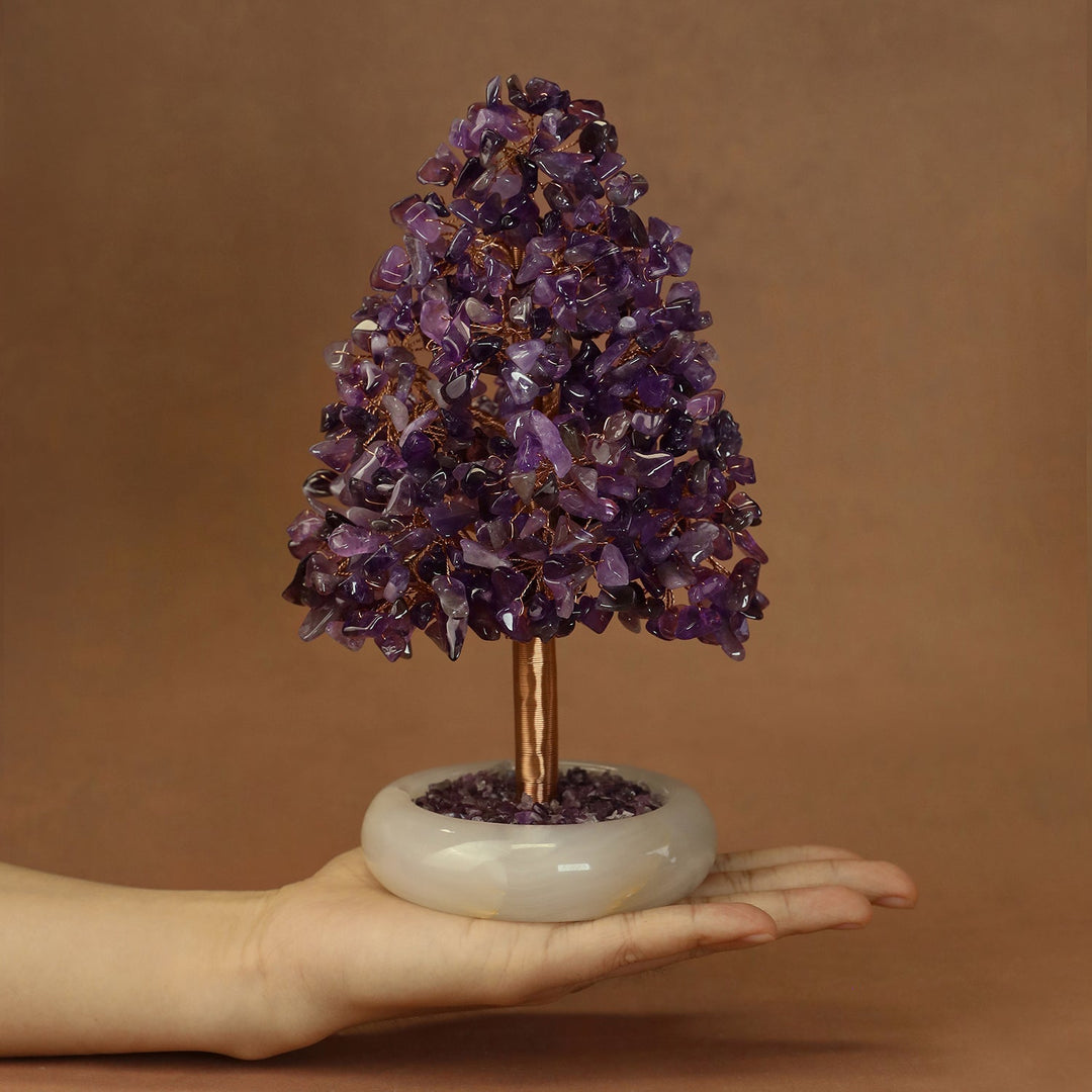 Purple crystal tree ornament with druzy stone clusters and gold-toned trunk on base
