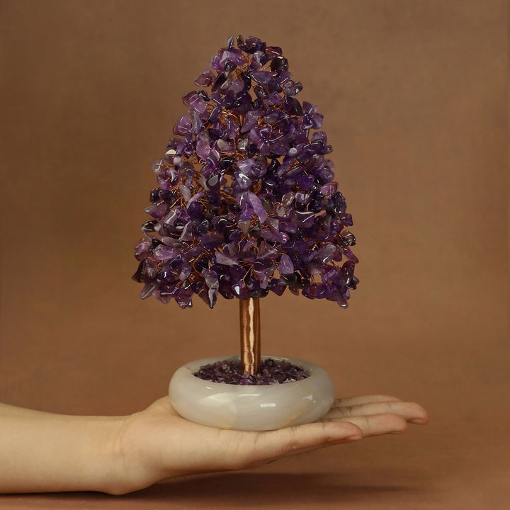 Purple crystal tree ornament with druzy stone clusters and gold-toned trunk on base