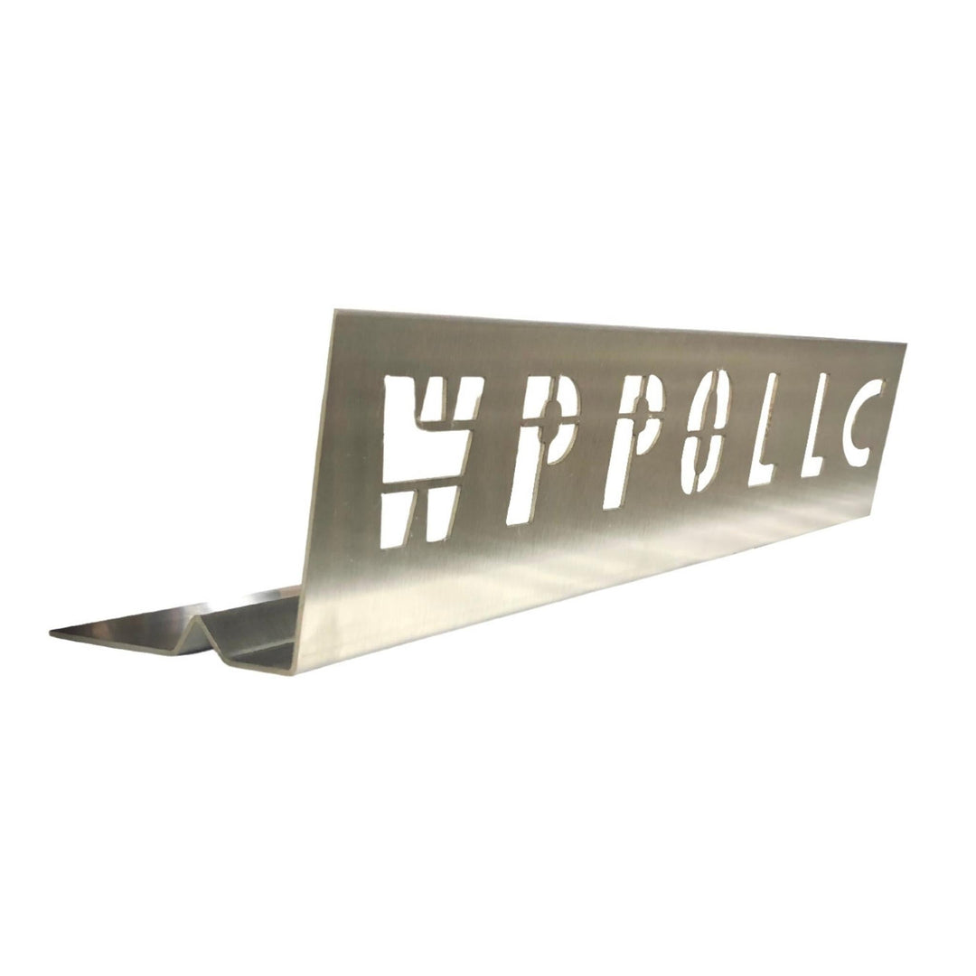 Stainless steel flame heat deflector with bold engraved lettering, angled flat bar