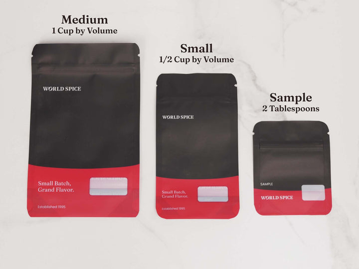 Vadouvan curry spice pouches in Medium, Small, and Sample sizes