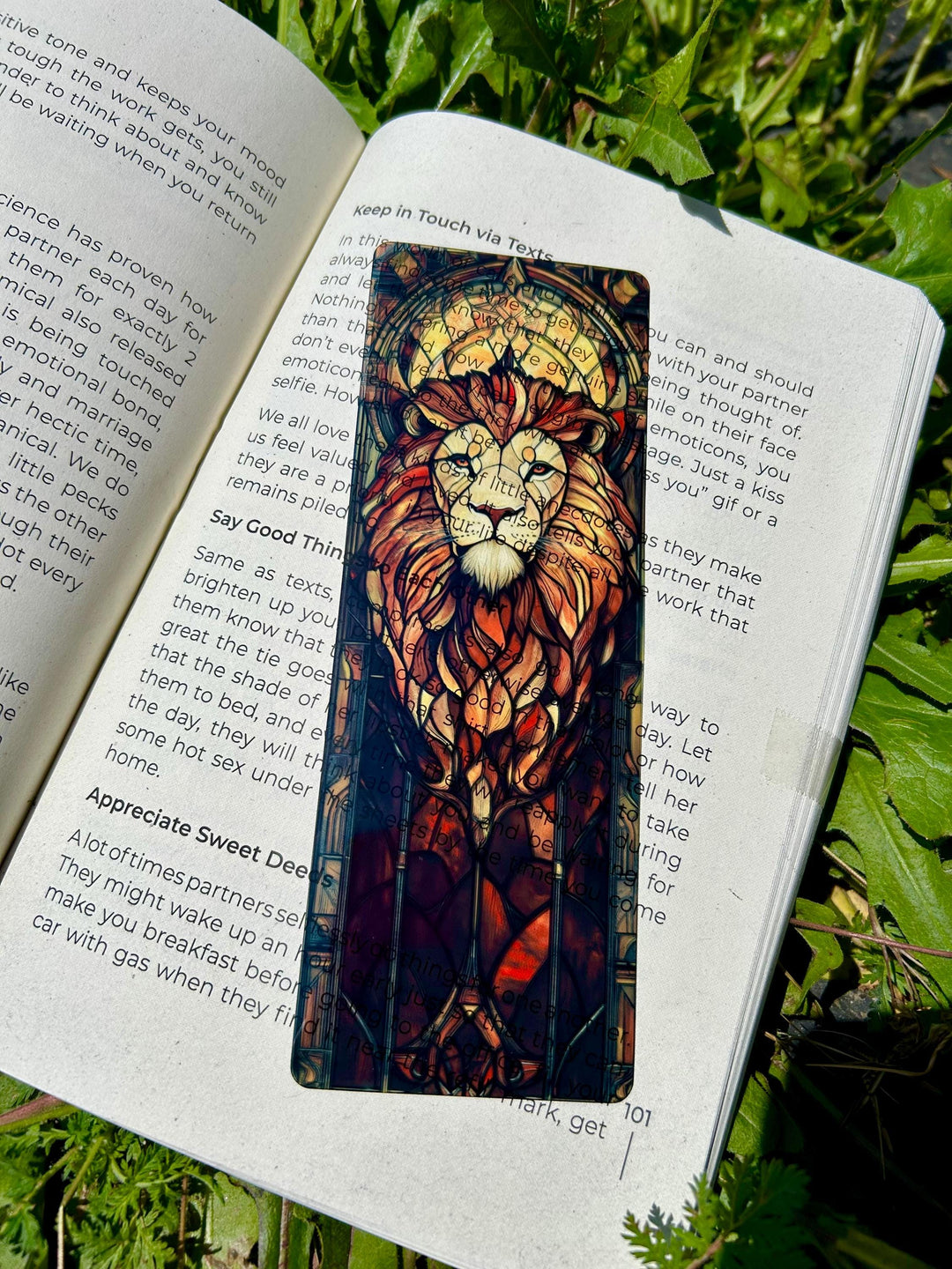 Vertical lion stained-glass bookmark in open book, colorful mane with blue background