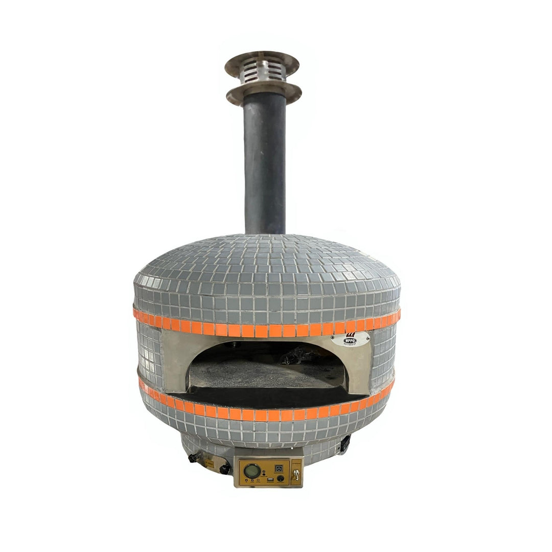 Wood-fired pizza oven with stone dome and digital control panel
