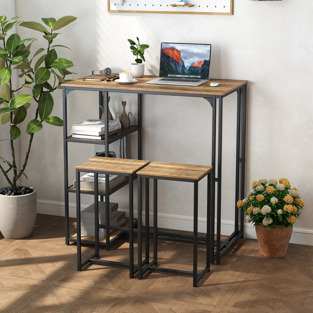 Bar table set with two stools: rustic brown tabletop, open shelves, dark metal frame