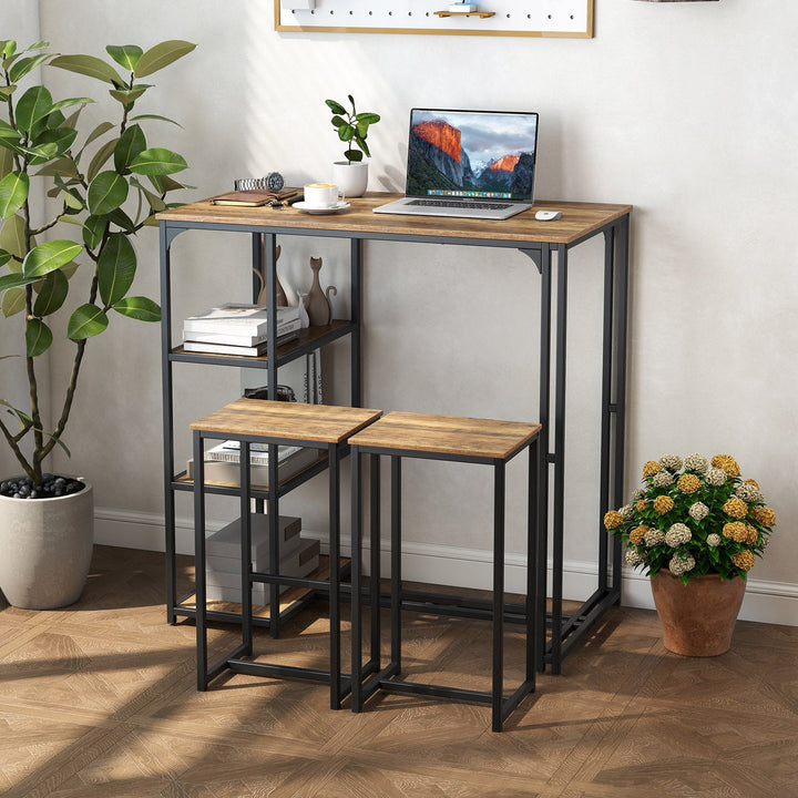 Bar table set with two stools: rustic brown tabletop, open shelves, dark metal frame