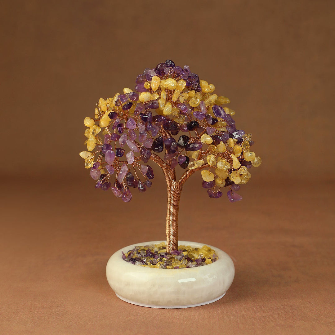 Amethyst and yellow citrine crystal tree with gold-toned wire trunk and white base