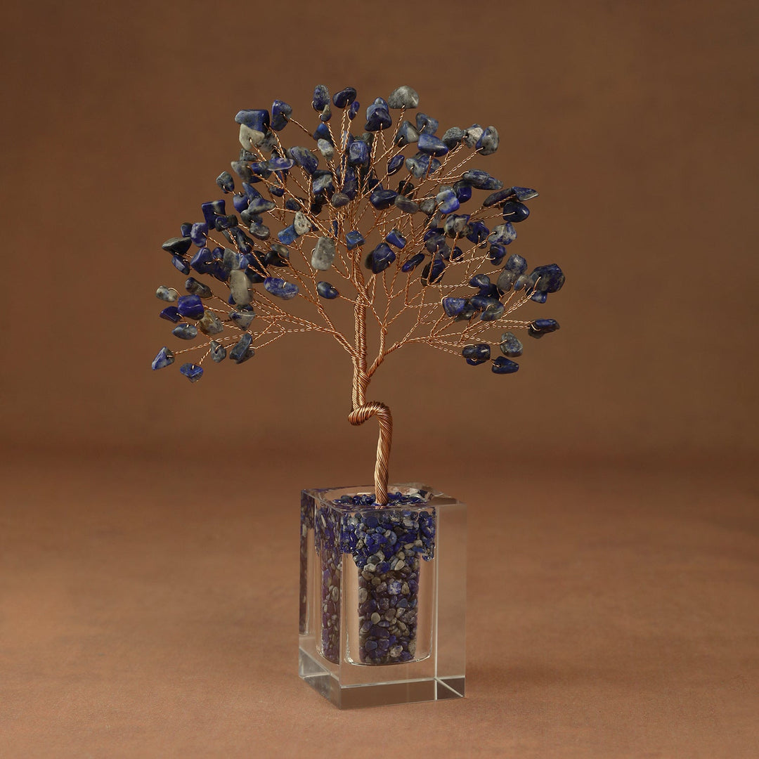 Blue crystal tree ornament with wire branches and lapis-style stone beads in a clear cube base