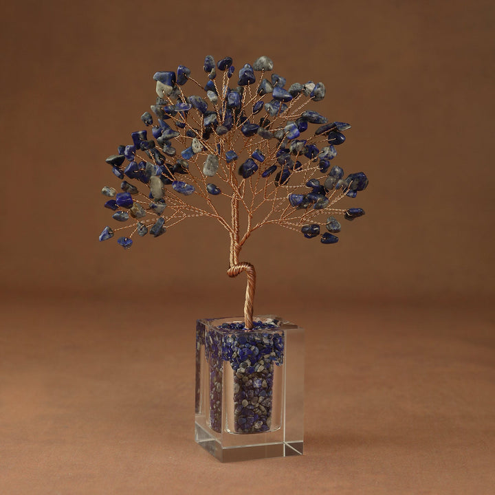 Blue crystal tree ornament with wire branches and lapis-style stone beads in a clear cube base