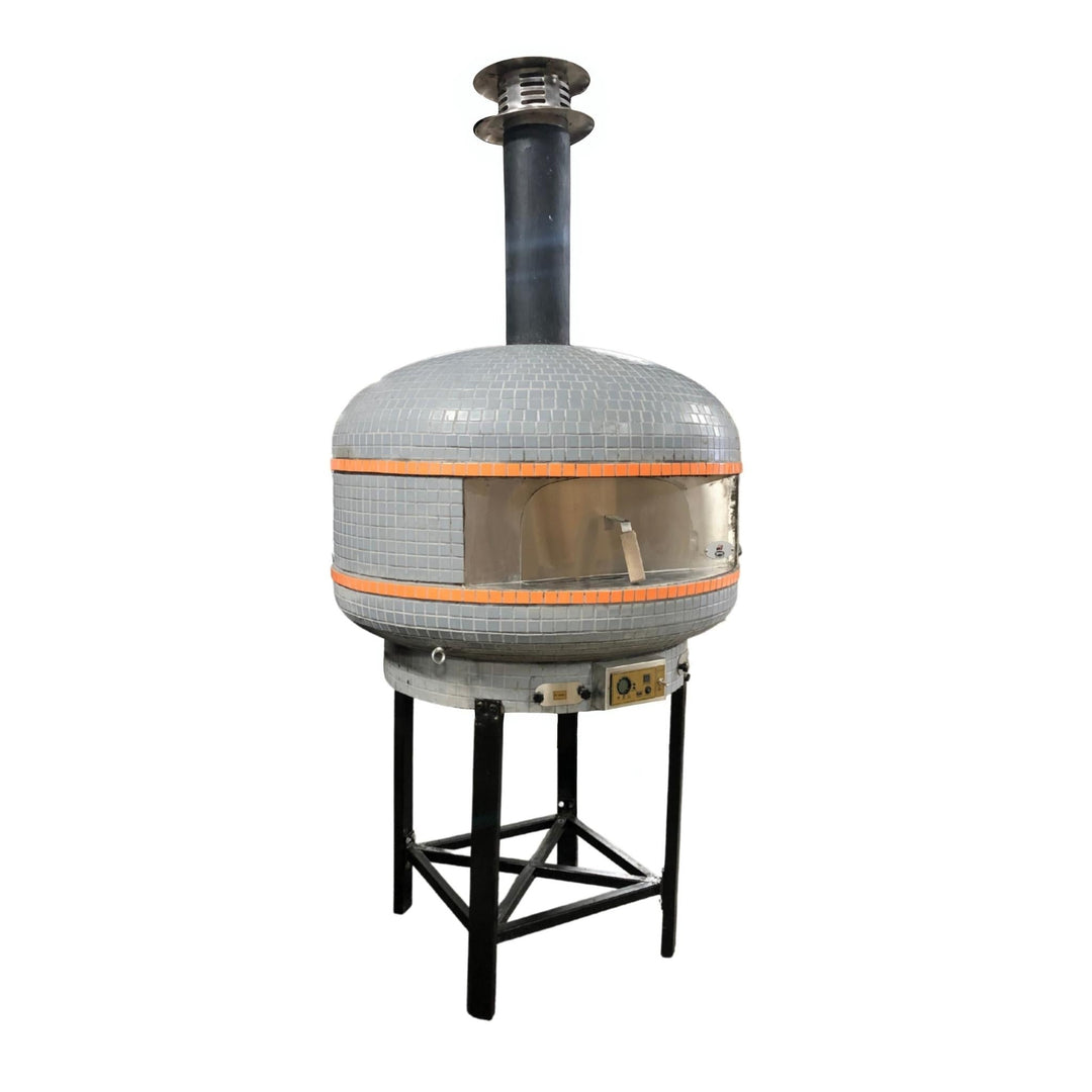 40-in wood-fired pizza oven with open door view and digital control panel on stand