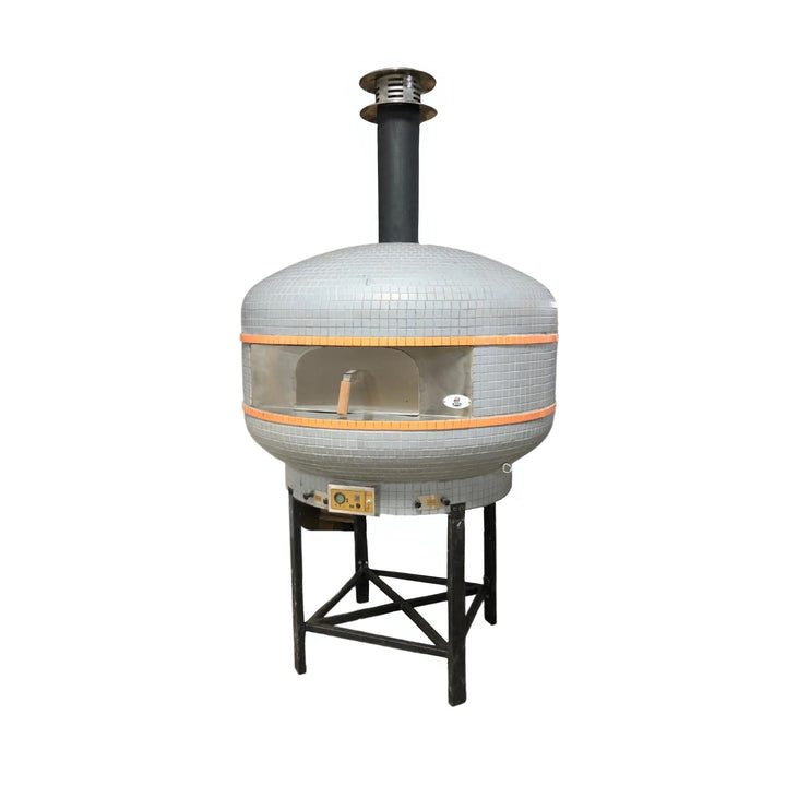 Wood-fired pizza oven with gray dome, orange band, and black metal stand