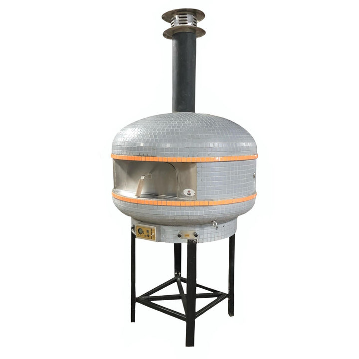 Dome wood-fired pizza oven with chimney flue, front door opening, and black stand