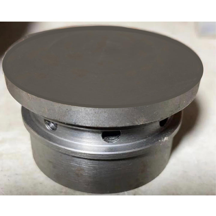 Metal burner cap with round lid and bolt holes for wood-fired pizza oven