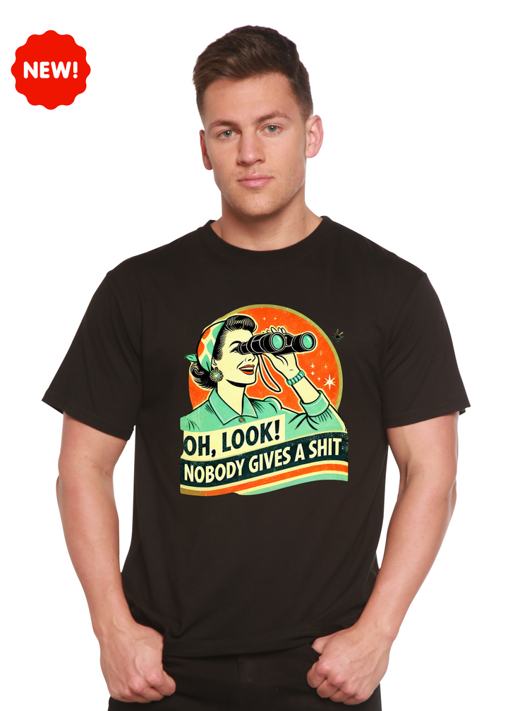 Black unisex graphic T-shirt with retro woman holding binoculars.