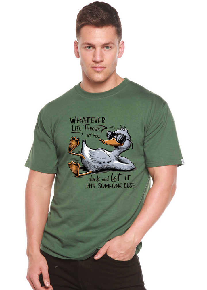 Dark green unisex graphic T-shirt with duck illustration and motivational text
