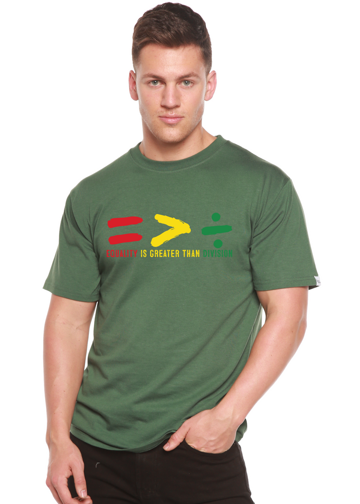 Dark green unisex graphic t-shirt with colorful equality symbol and division slogan