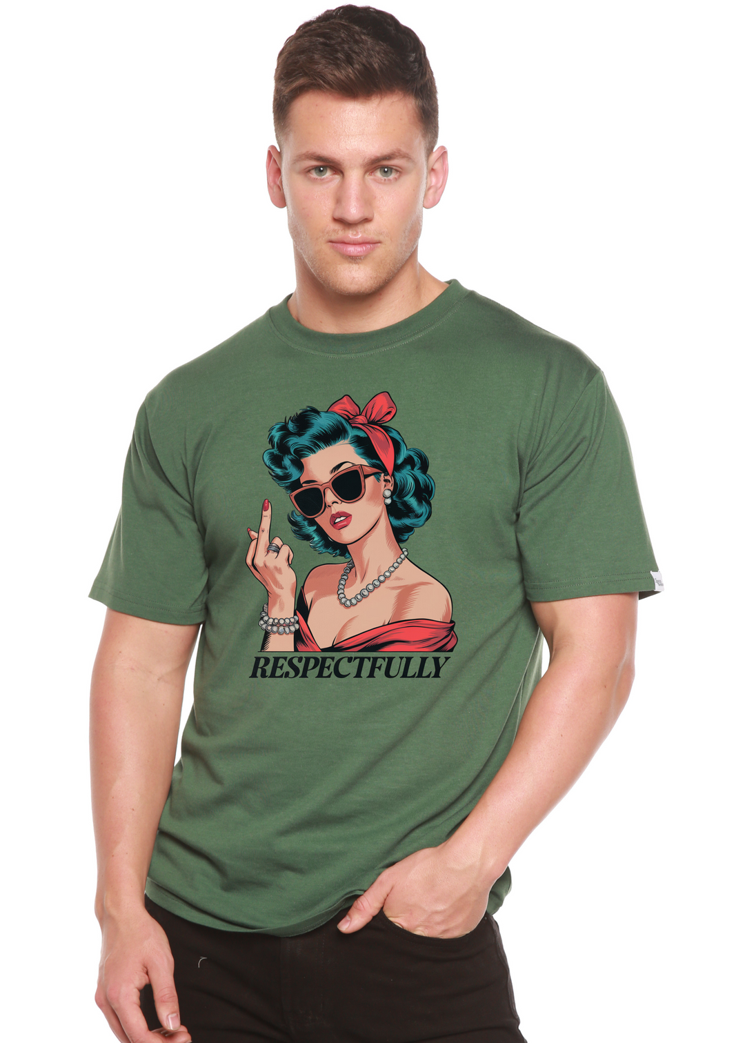 Unisex graphic T-shirt in dark green with illustrated woman and raised two-finger gesture