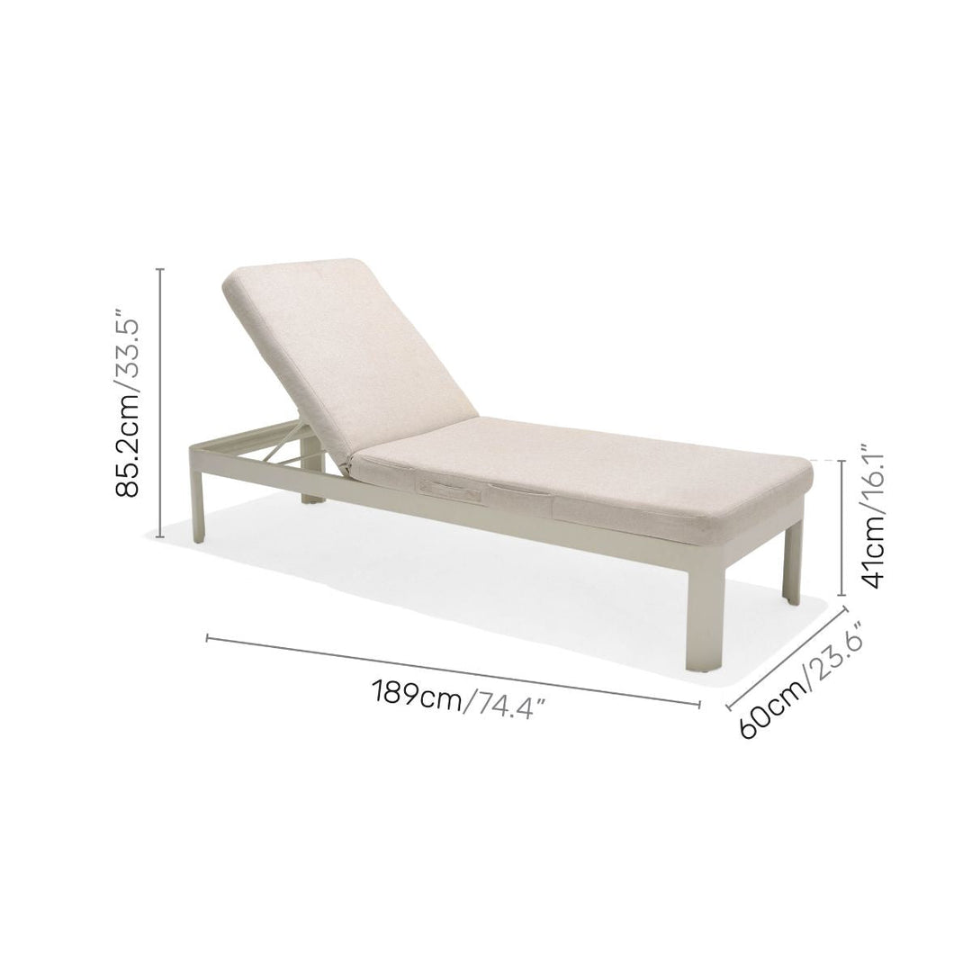 Light beige padded sun lounger with adjustable headrest, white frame, size shown