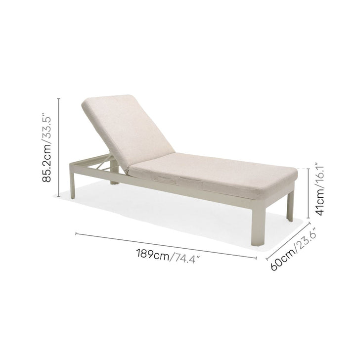 Light beige padded sun lounger with adjustable headrest, white frame, size shown