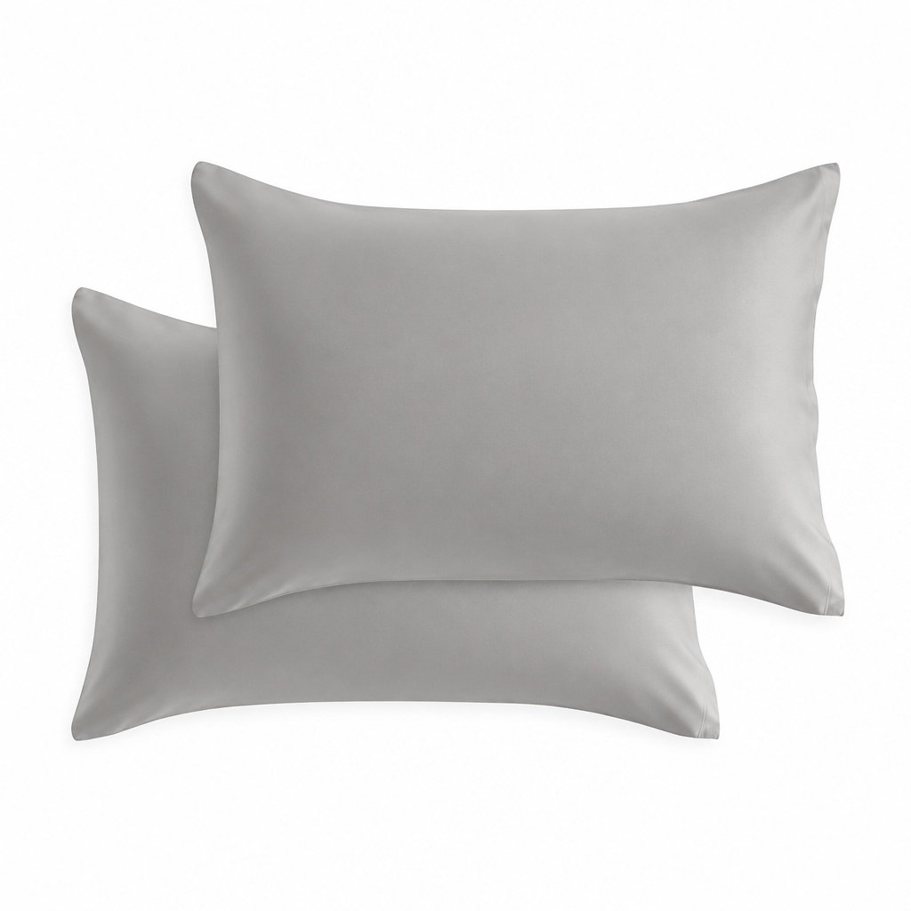 Cotton jersey pillowcase set in medium light gray, two matching rectangular pillows