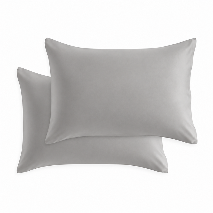 Cotton jersey pillowcase set in medium light gray, two matching rectangular pillows