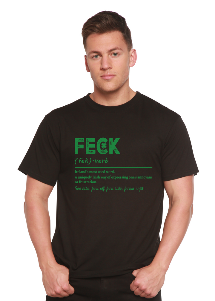Black graphic T-shirt with green "FECK" logo and small definition text underneath