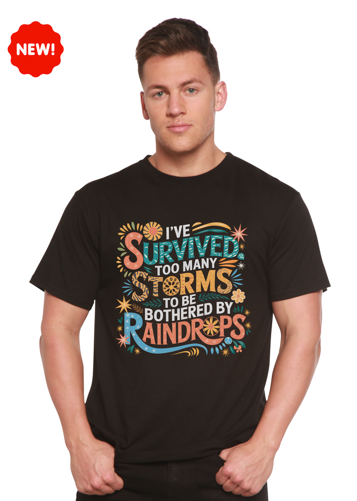 Unisex graphic t-shirt, black, colorful storm-themed front print.
