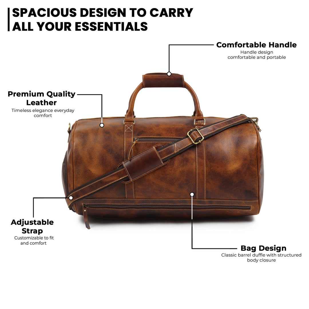 Brown leather duffel bag with top handle, crossbody strap, and front zipper details.
