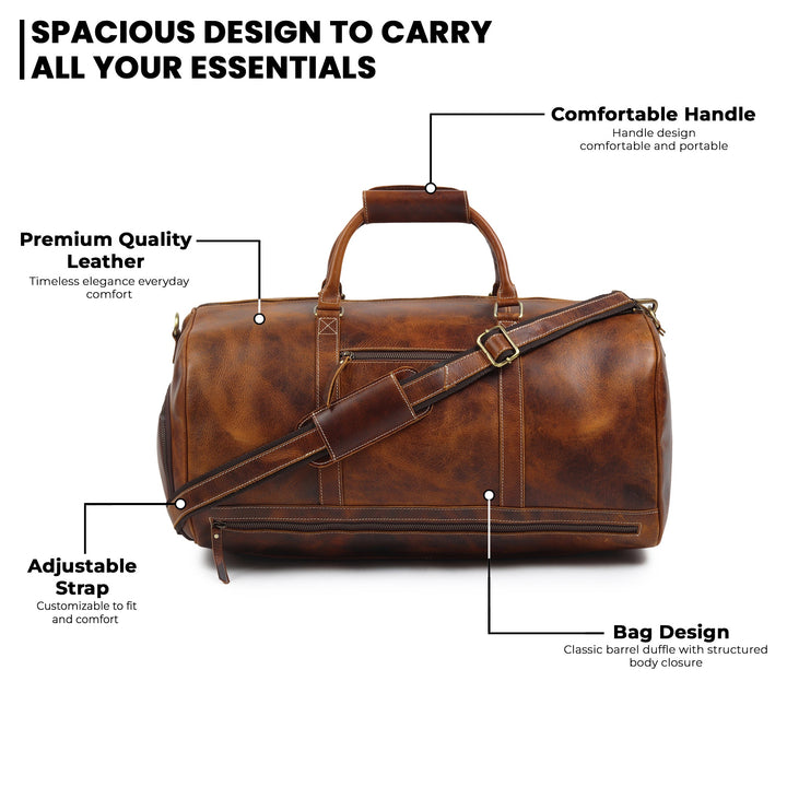 Brown leather duffel bag with top handle, crossbody strap, and front zipper details.