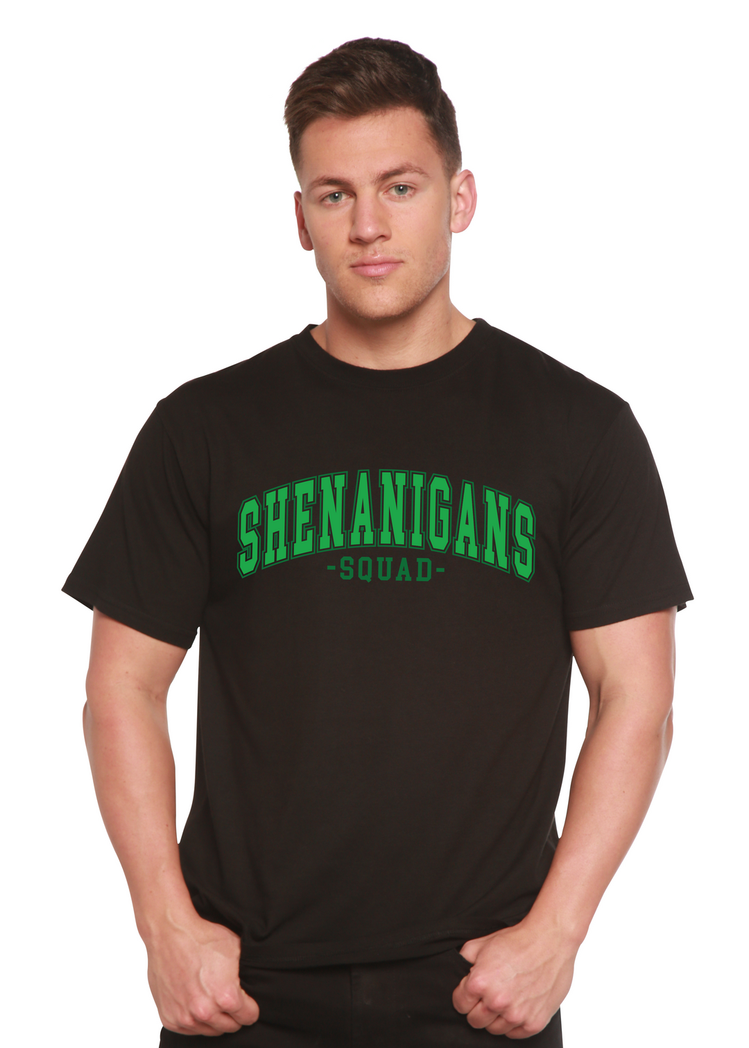 Unisex graphic T-shirt, black with green “Shenanigans Squad” logo on front.