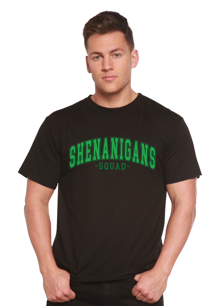 Unisex graphic T-shirt, black with green “Shenanigans Squad” logo on front.
