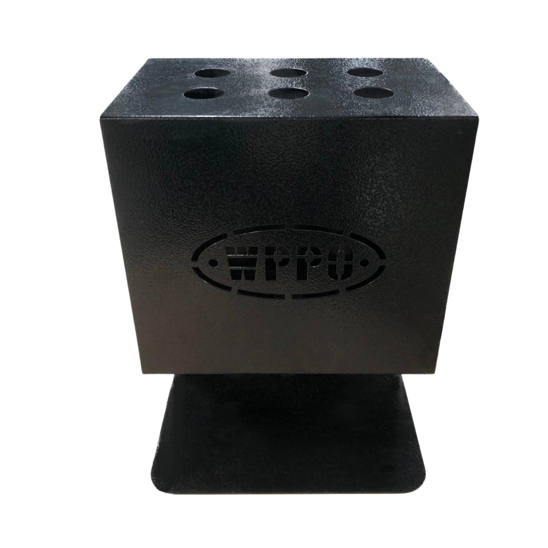 Black metal utensil holder with punched ventilation holes and oval logo