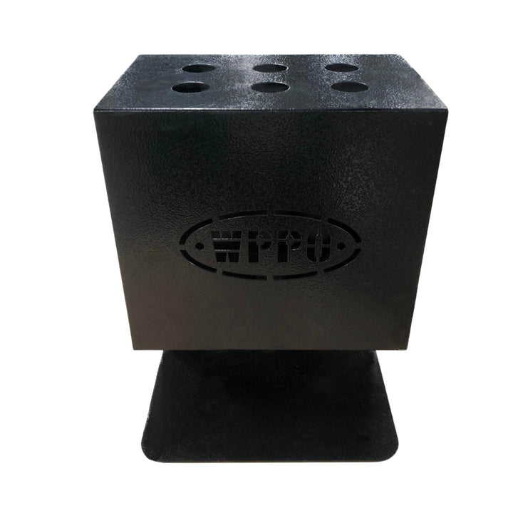 Black metal utensil holder with punched ventilation holes and oval logo