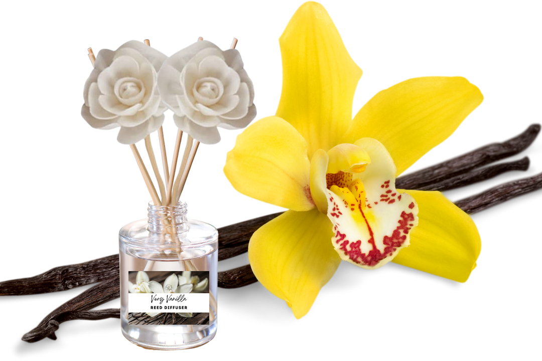 Reed diffuser with clear bottle, wooden reeds, vanilla bean and yellow orchid