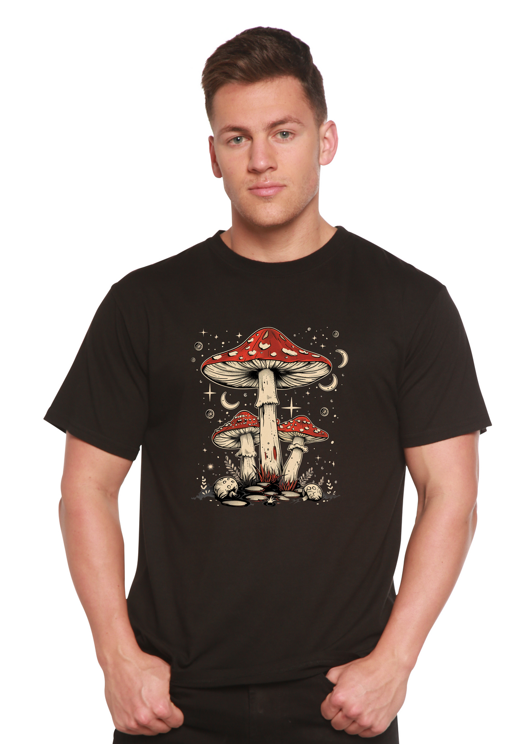 Black unisex graphic t-shirt with red-capped mushroom illustration on chest