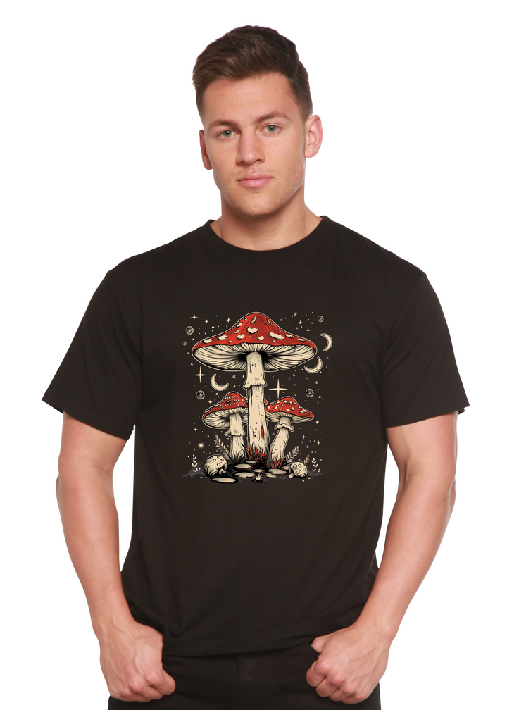 Black unisex graphic t-shirt with red-capped mushroom illustration on chest